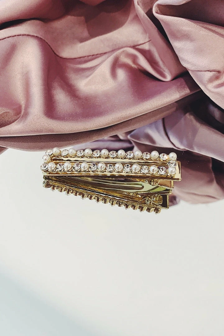 Glazori Jewels Pearl Diamante Gold Rectangle Hair Clip Clips 3 Glazori Jewels Pearl Diamante Gold Rectangle Hair Clip Clips