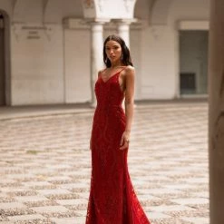 A&N Boutique Rendira Sequin Gown - Deep Red Spain Collection