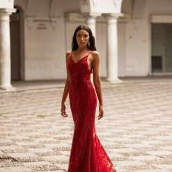 A&N Boutique Rendira Sequin Gown - Deep Red Spain Collection