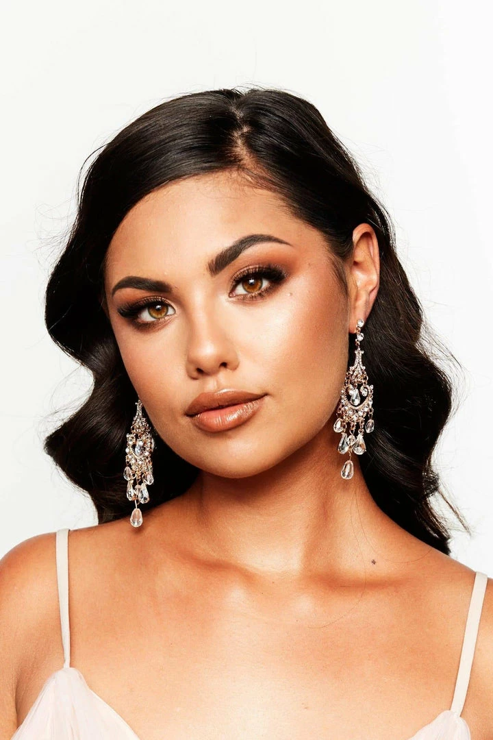 Glazori Jewels Beaded Glazori Sapphira Gold Chandelier Earrings With White Crystals & Beads 4 Glazori Jewels Beaded Glazori Sapphira Gold Chandelier Earrings With White Crystals & Beads