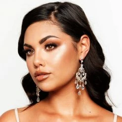 Glazori Jewels Beaded Glazori Sapphira Gold Chandelier Earrings With White Crystals & Beads